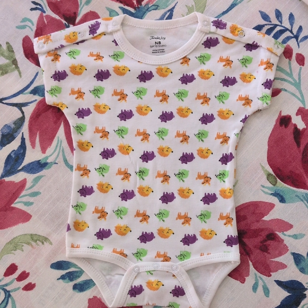 Tender Ivy Printed Baby One Piece - White with Multicolor Design, Size NB